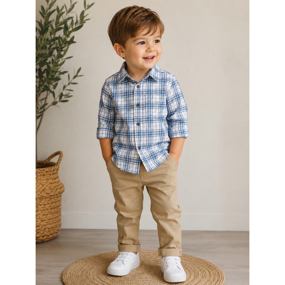 NWT Cat & Jack Boys 3T Blue White Plaid Button Front Shirt Long Sleeve Cotton
